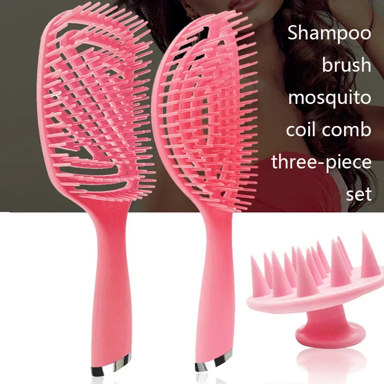 Lot de 3 peignes de coiffure en plastique pour cheveux bouclés, peigne à massage creux, rose 3 en 1, vert 3 en 1, noir 3 en 1, bleu 3 en 1