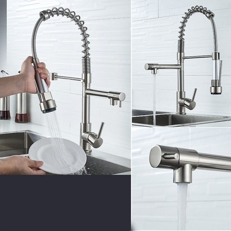 Robinet de cuisine rotatif en cuivre et nickel brossé à double sortie pour eau chaude et froide, argent brossé