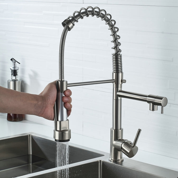Robinet de cuisine rotatif en cuivre et nickel brossé à double sortie pour eau chaude et froide, argent brossé