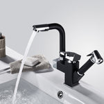 Robinet de cuisine extractible double, table d'eau chaude et froide, gâchette de roue coudée, gâchette de pulvérisation ronde, gâchette de pulvérisation cubique, déformation universelle ronde, déformation universelle cubique