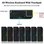 A8 Mini Clavier et souris sans fil avec clavier tactile laser, rétroéclairage blanc anglais, rétroéclairage coloré anglais