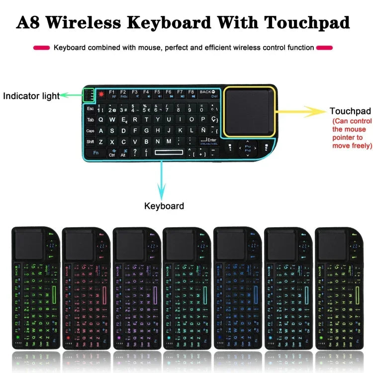 A8 Mini Clavier et souris sans fil avec clavier tactile laser, rétroéclairage blanc anglais, rétroéclairage coloré anglais