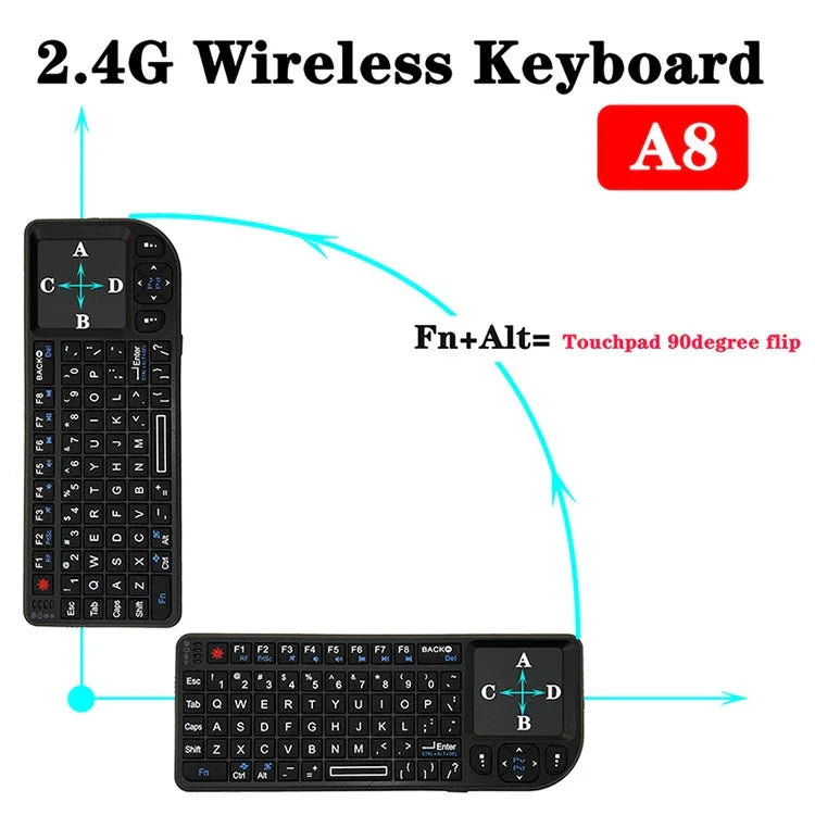 A8 Mini Clavier et souris sans fil avec clavier tactile laser, rétroéclairage blanc anglais, rétroéclairage coloré anglais