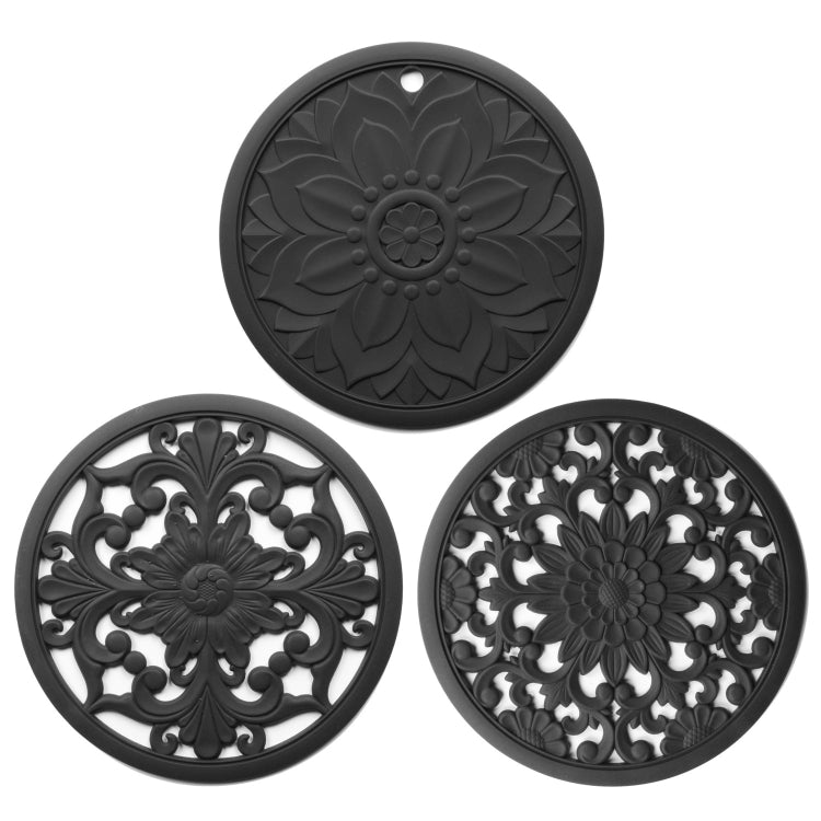 Ensemble de 3 sous-plats en silicone creux anti-brûlure, motif fleur, pour bols et casseroles, Noir, Jaune, Bleu, Vert, Violet, Gris