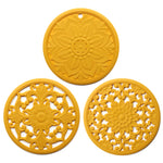 Ensemble de 3 sous-plats en silicone creux anti-brûlure, motif fleur, pour bols et casseroles, Noir, Jaune, Bleu, Vert, Violet, Gris