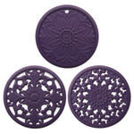 Ensemble de 3 sous-plats en silicone creux anti-brûlure, motif fleur, pour bols et casseroles, Noir, Jaune, Bleu, Vert, Violet, Gris