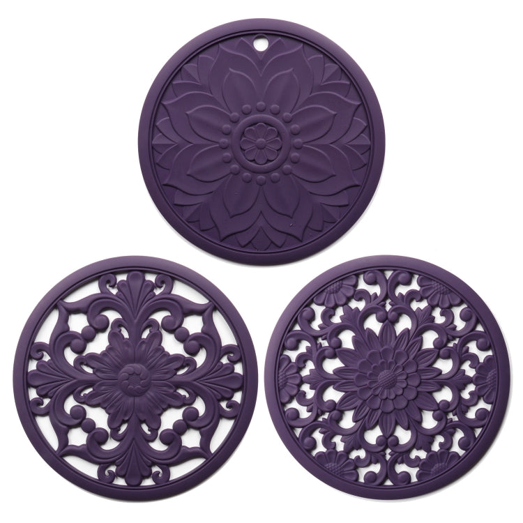 Ensemble de 3 sous-plats en silicone creux anti-brûlure, motif fleur, pour bols et casseroles, Noir, Jaune, Bleu, Vert, Violet, Gris