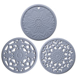Ensemble de 3 sous-plats en silicone creux anti-brûlure, motif fleur, pour bols et casseroles, Noir, Jaune, Bleu, Vert, Violet, Gris