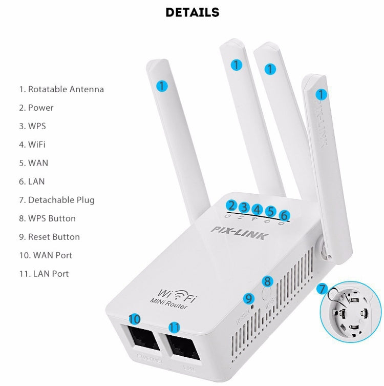 PIX-LINK LV-WR09 Répéteur Extenseur de Portée WiFi 300Mbps Mini Routeur, Prise US, Prise EU, Prise UK, Prise AU