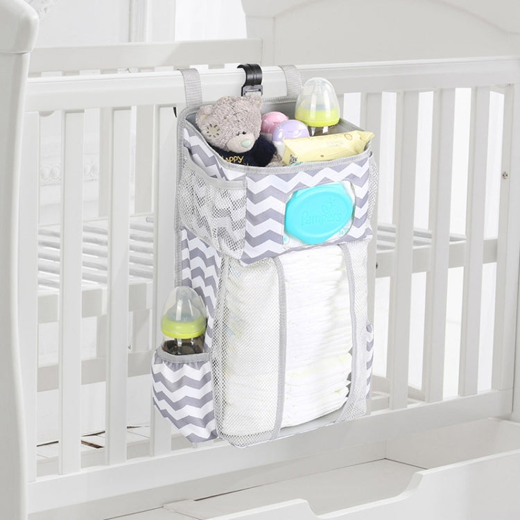 Sac suspendu pour berceau bébé multifonctionnel détachable Sac de rangement pour couches et jouets de lit, Gris neige, Rayures grises