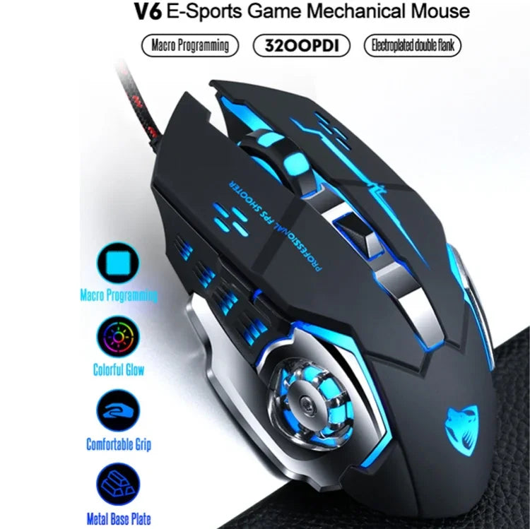 Interface USB T-WOLF V6 Souris Filaire Gaming 6 Boutons 3200 DPI Programmation Mécanique Macro Souris Gaming Lumineuse 7 Couleurs, Longueur du Câble : 1,5m, Version Audio Définition Macro Noir Argent, Version Audio Définition Macro Gris Fer