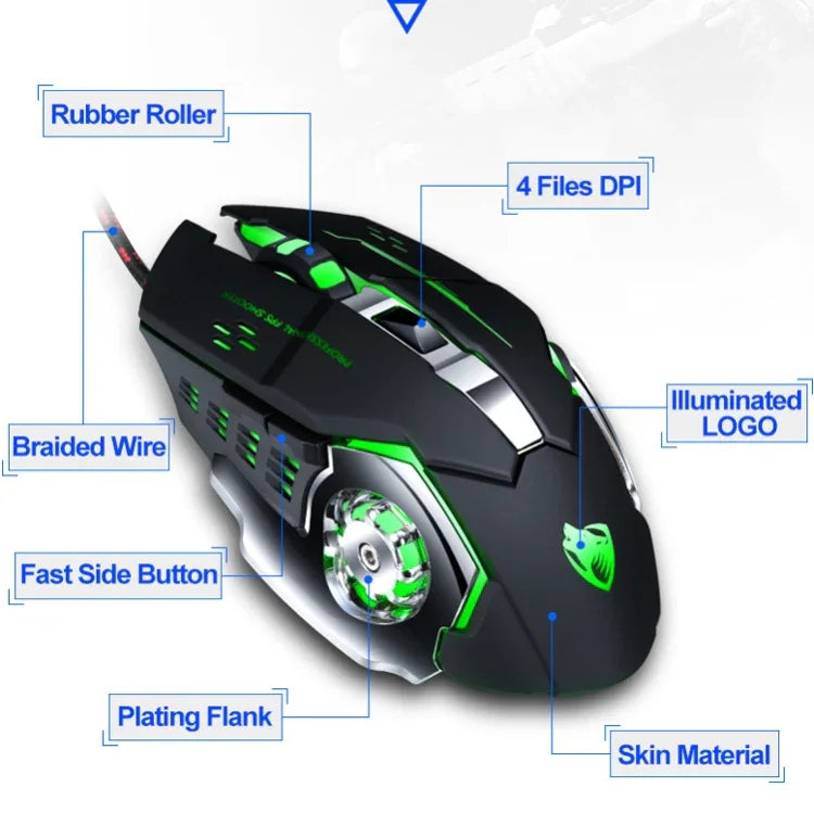 Interface USB T-WOLF V6 Souris Filaire Gaming 6 Boutons 3200 DPI Programmation Mécanique Macro Souris Gaming Lumineuse 7 Couleurs, Longueur du Câble : 1,5m, Version Audio Définition Macro Noir Argent, Version Audio Définition Macro Gris Fer