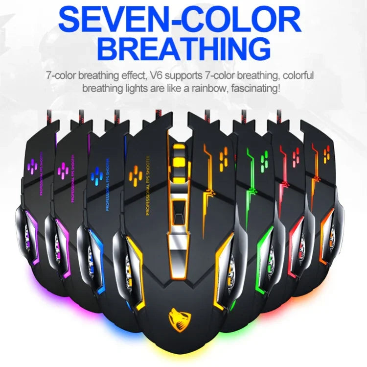 Interface USB T-WOLF V6 Souris Filaire Gaming 6 Boutons 3200 DPI Programmation Mécanique Macro Souris Gaming Lumineuse 7 Couleurs, Longueur du Câble : 1,5m, Version Audio Définition Macro Noir Argent, Version Audio Définition Macro Gris Fer