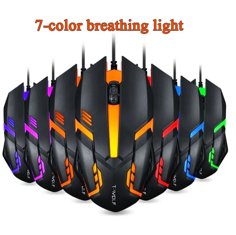 2 PCS T-WOLF V1 Souris filaire USB 3 boutons 1200 DPI Souris de jeu rétroéclairée 7 couleurs, Longueur du câble : 1,35 m