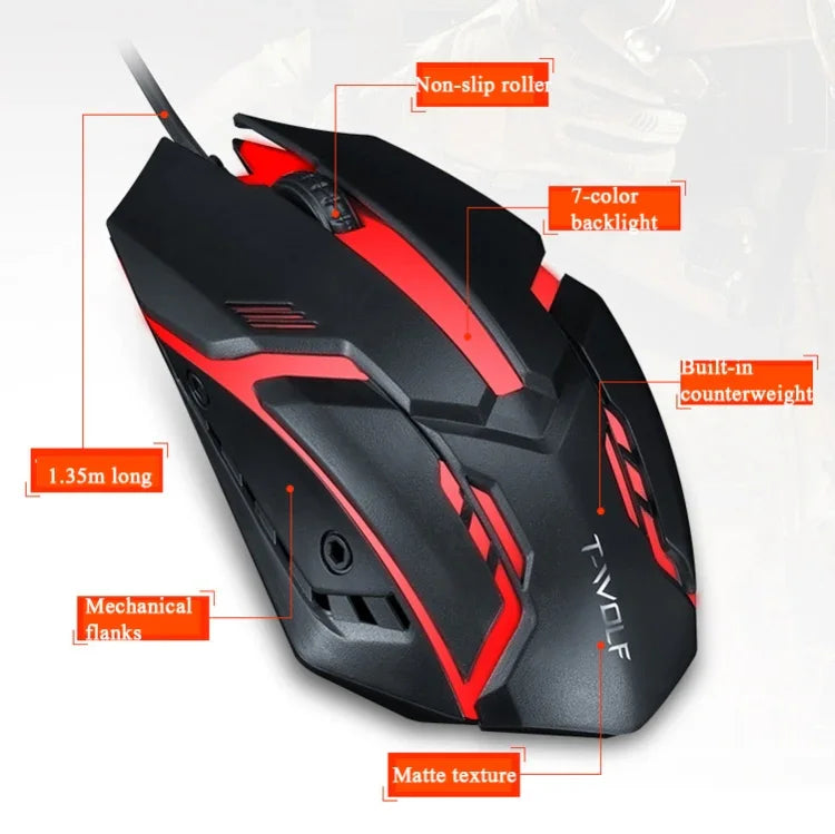 2 PCS T-WOLF V1 Souris filaire USB 3 boutons 1200 DPI Souris de jeu rétroéclairée 7 couleurs, Longueur du câble : 1,35 m