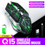 Souris de jeu et de bureau sans fil rechargeable T-WOLF Q15 6 boutons 1600 DPI silencieuse avec lumière respirante 7 couleurs, noir technologie, noir étoiles, blanc perle
