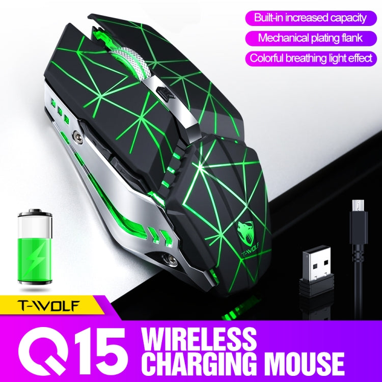 Souris de jeu et de bureau sans fil rechargeable T-WOLF Q15 6 boutons 1600 DPI silencieuse avec lumière respirante 7 couleurs, noir technologie, noir étoiles, blanc perle