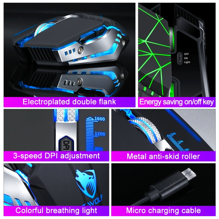 Souris de jeu et de bureau sans fil rechargeable T-WOLF Q15 6 boutons 1600 DPI silencieuse avec lumière respirante 7 couleurs, noir technologie, noir étoiles, blanc perle