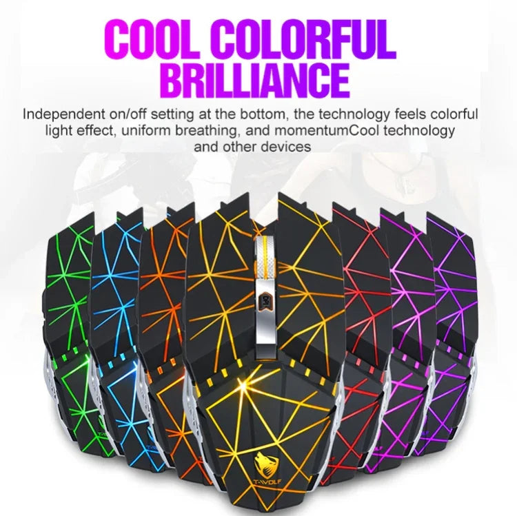 Souris de jeu et de bureau sans fil rechargeable T-WOLF Q15 6 boutons 1600 DPI silencieuse avec lumière respirante 7 couleurs, noir technologie, noir étoiles, blanc perle