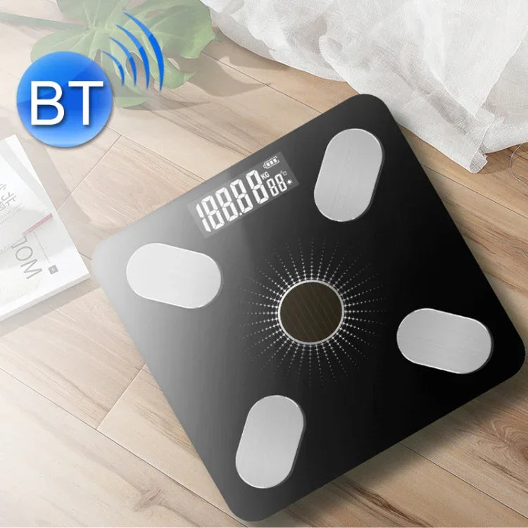 Pèse-personne Bluetooth intelligent avec mesure de la masse grasse, modèle à piles, modèle rechargeable, modèle solaire + rechargeable