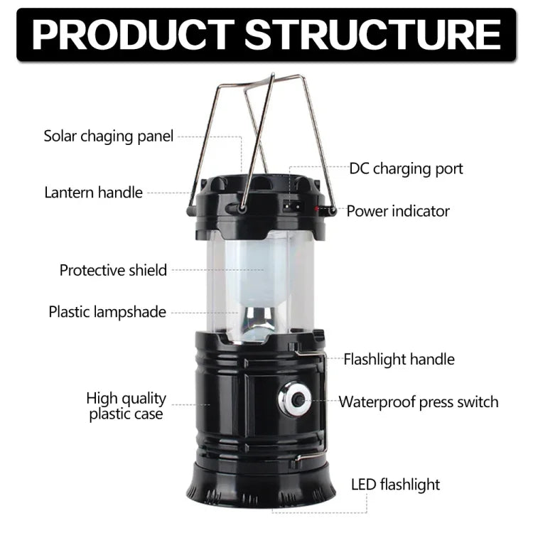 Lampe de tente LED, rechargeable solaire, lumière de camping étirable multifonctionnelle, support de sortie USB, solaire + prise UE