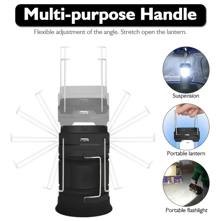Lampe de tente LED, rechargeable solaire, lumière de camping étirable multifonctionnelle, support de sortie USB, solaire + prise UE