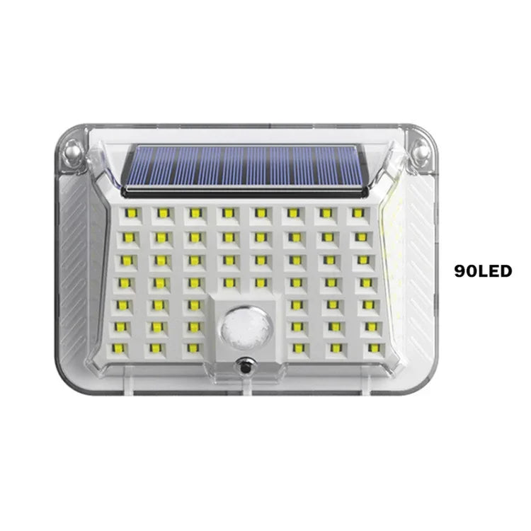 Applique Murale Solaire de Jardin, Lampe Solaire Lumineuse sur Quatre Côtés, Détection de Corps Humain, Étanche pour Extérieur, 90 LED
