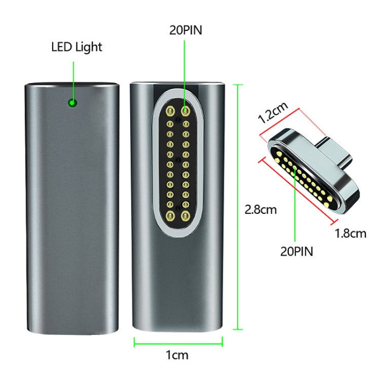 Adaptateur magnétique USB-C / Type-C coudé 20 broches supportant la charge et la transmission vidéo 4K, Argent, Gris, Noir
