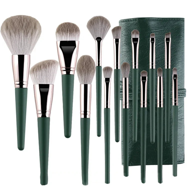 Pinceaux de maquillage à manche en bois doux, 14 pinceaux, avec pochette à pinceaux, avec pot à pinceaux