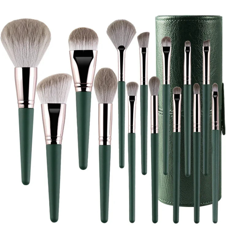 Pinceaux de maquillage à manche en bois doux, 14 pinceaux, avec pochette à pinceaux, avec pot à pinceaux
