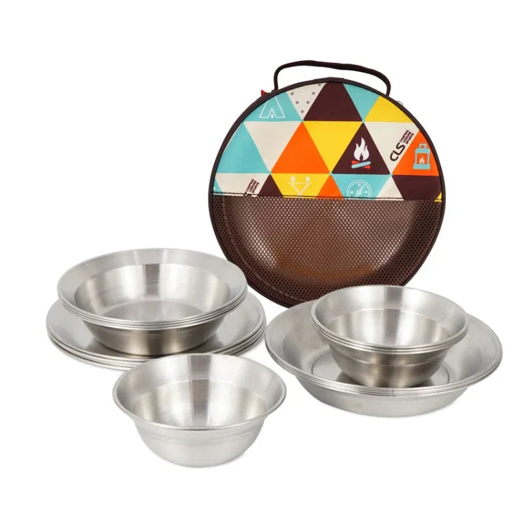Kit de vaisselle en acier inoxydable portable CLS pour camping en plein air, bol et assiette pour dîner, 16 pièces / set