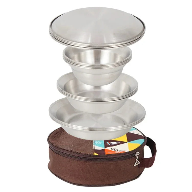 CLS Outdoor Stainless Steel Tableware Portable Camping Dinner Bowl Plate Kit, 16 PCS / Set
