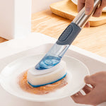 Brosse à récurer la vaisselle avec réservoir de détergent intégré, manche long, bleu, rose, gris