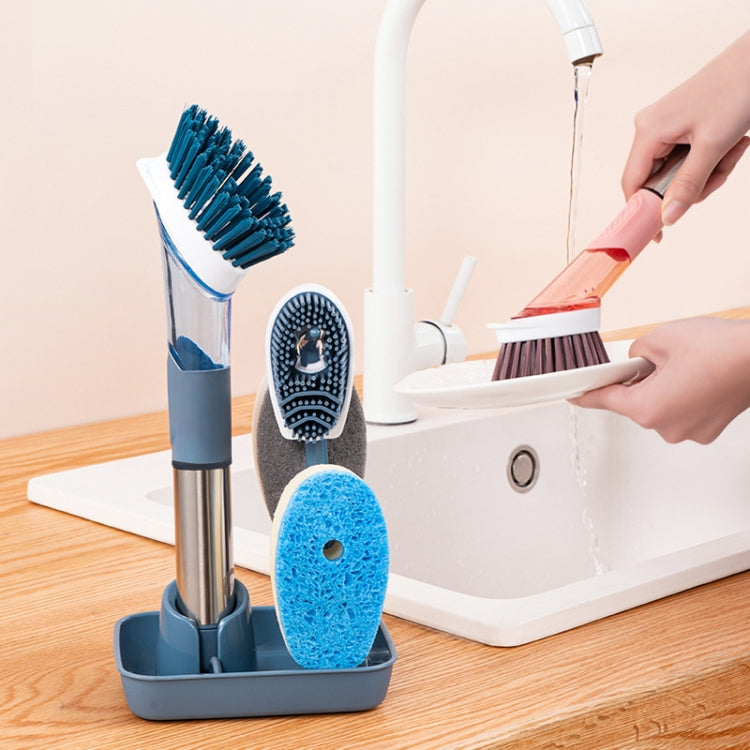 Brosse à récurer la vaisselle avec réservoir de détergent intégré, manche long, bleu, rose, gris