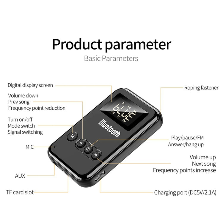 Émetteur Récepteur Bluetooth 5.0 Adaptateur 2-en-1 Haut-parleur d'ordinateur Voiture FM, Noir