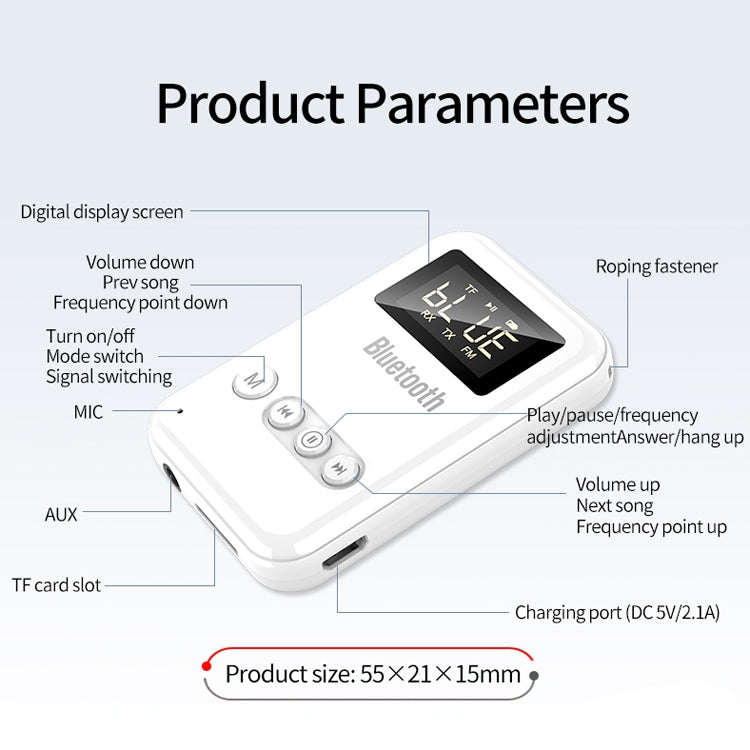 Émetteur Récepteur Bluetooth 5.0 Adaptateur 2 en 1 Haut-parleur d'ordinateur Voiture FM, Blanc