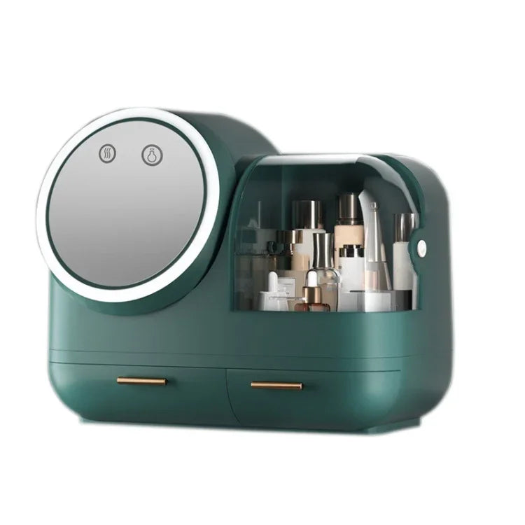 Miroir de maquillage de bureau et boîte de rangement à tiroirs anti-poussière avec lumière LED, modèle LED vert, modèle LED rose, modèle LED blanc, modèle LED vert + ventilateur, modèle LED rose + ventilateur, modèle LED blanc + ventilateur