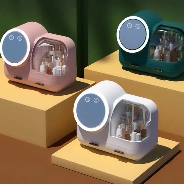 Miroir de maquillage de bureau et boîte de rangement à tiroirs anti-poussière avec lumière LED, modèle LED vert, modèle LED rose, modèle LED blanc, modèle LED vert + ventilateur, modèle LED rose + ventilateur, modèle LED blanc + ventilateur