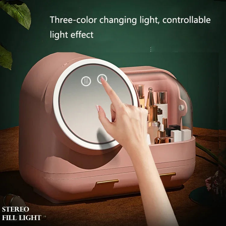 Miroir de maquillage de bureau et boîte de rangement à tiroirs anti-poussière avec lumière LED, modèle LED vert, modèle LED rose, modèle LED blanc, modèle LED vert + ventilateur, modèle LED rose + ventilateur, modèle LED blanc + ventilateur
