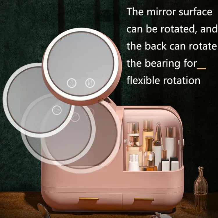 Miroir de maquillage de bureau et boîte de rangement à tiroirs anti-poussière avec lumière LED, modèle LED vert, modèle LED rose, modèle LED blanc, modèle LED vert + ventilateur, modèle LED rose + ventilateur, modèle LED blanc + ventilateur