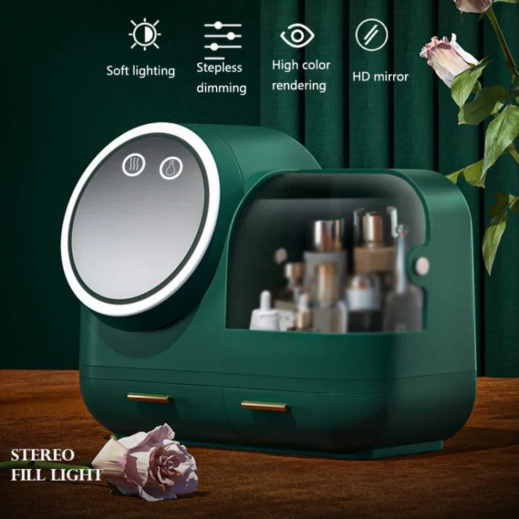 Miroir de maquillage de bureau et boîte de rangement à tiroirs anti-poussière avec lumière LED, modèle LED vert, modèle LED rose, modèle LED blanc, modèle LED vert + ventilateur, modèle LED rose + ventilateur, modèle LED blanc + ventilateur
