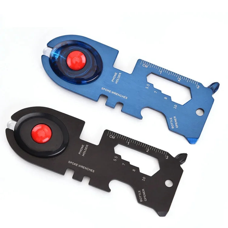 Outil multifonction 8 en 1 en acier inoxydable Carte de survie camping avec lumière, noir, bleu