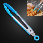 Pince de cuisine en silicone pour salade, avec poignée en acier inoxydable, Pince alimentaire avec poignée en acier (bleue)