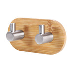 2 crochets doubles en bambou en acier inoxydable, crochet adhésif en bois massif pour porte de cuisine ou de salle de bain, crochet adhésif en bois