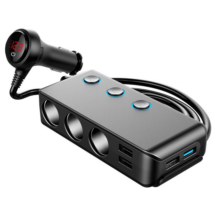 Car Cigarette Lighter Car Charger 3USB Port +1 QC3.0 + 3 Cigarette Lighter Ports + Back Clip Design + LED Display, HC67A