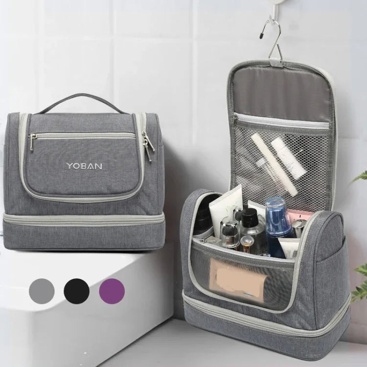 Trousse de toilette de voyage YOBAN Y-1551L, grande capacité, sac de rangement extérieur, crochet, portable, anti-moisissure, séparation sec et humide, violet, noir, gris