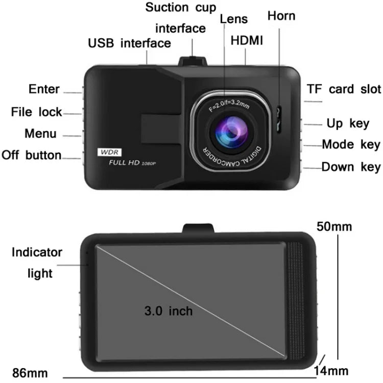 Enregistreur de Conduite Grand Angle HD 1080P Écran 3,0 pouces avec Image de Recul Spécification : Enregistrement Simple Définition Normale (Noir)