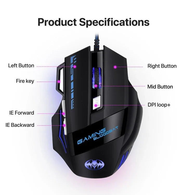 SOURIS DE JEUX GAMING BLOODBAT GM02 7 Boutons Filaire USB Optoélectronique Lumières Respiratoires Numériques