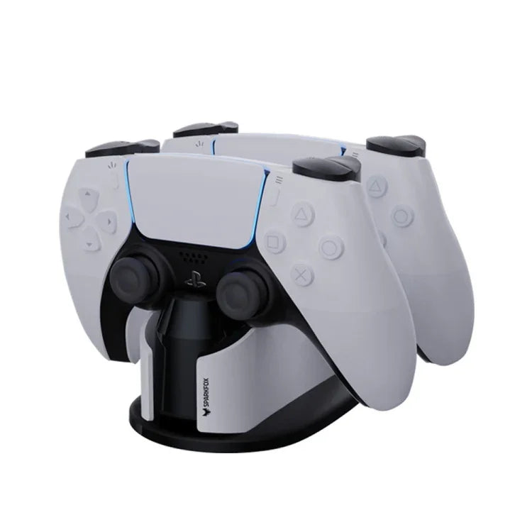 Chargeur double SPARKFOX W20P508 avec poignées sans fil pour PS5, comprenant : chargeur, câble de données et prise de charge.