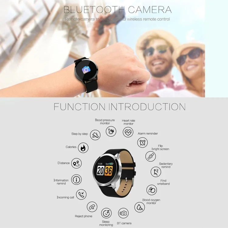 Montre connectée Q8 à écran couleur OLED, étanche IP67, avec suivi de la fréquence cardiaque, de la pression artérielle et de l'oxygénation, et fonction fitness.